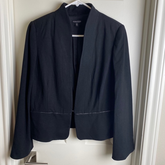 Eileen Fisher Size M Blazer Black Jacket Peplum Hem Leather Trim - Picture 2 of 9